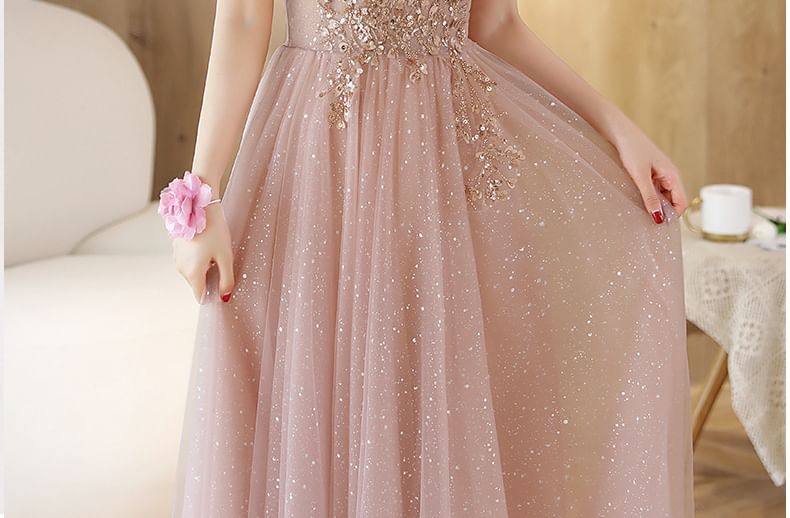 Short-Sleeve Rhinestone Mesh A-Line Evening Gown (Various Designs)