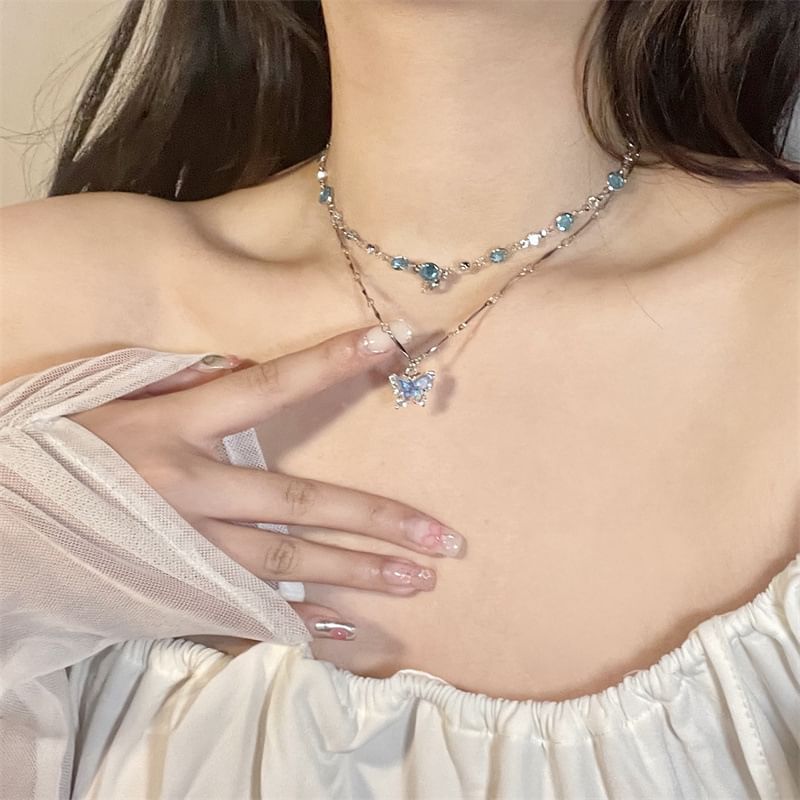 Choker Faux Necklace Set: Pendant Alloy + Butterfly Crystal