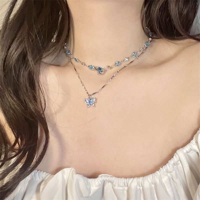 Choker Faux Necklace Set: Pendant Alloy + Butterfly Crystal