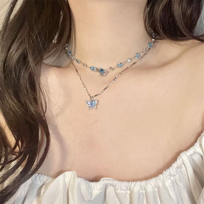 Choker Faux Necklace Set: Pendant Alloy + Butterfly Crystal