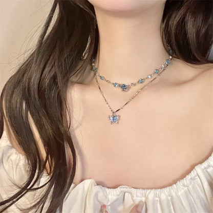 Choker Faux Necklace Set: Pendant Alloy + Butterfly Crystal