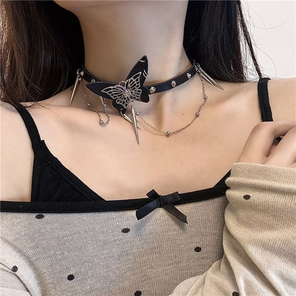 Faux Butterfly Choker / Alloy Leather Studded