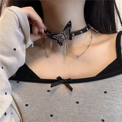 Faux Butterfly Choker / Alloy Leather Studded