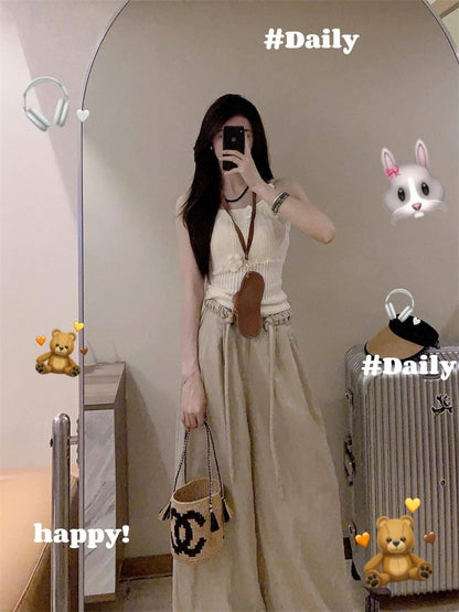 Drawstring Waist Plain Wide Leg Pants