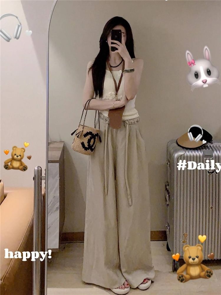 Drawstring Waist Plain Wide Leg Pants