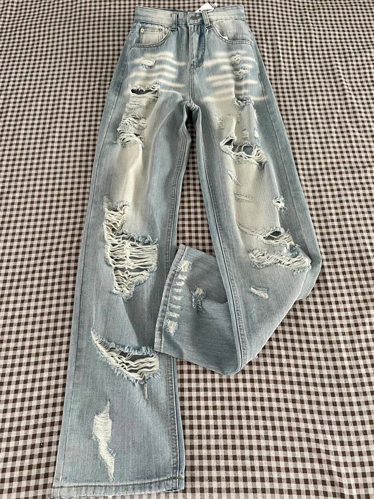 High Rise Washed Distressed Wide Leg Jeans (Various Designs)