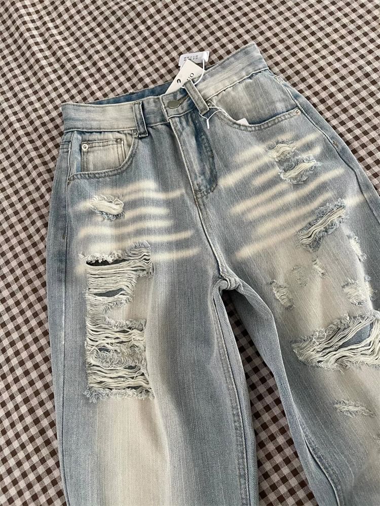 High Rise Washed Distressed Wide Leg Jeans (Various Designs)