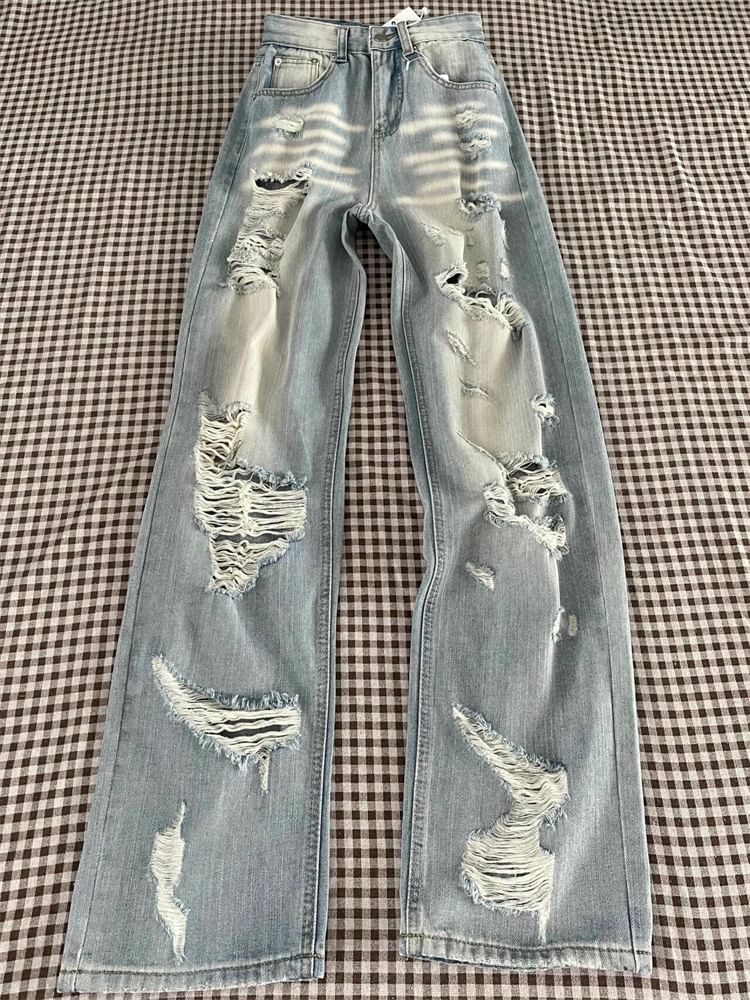 High Rise Washed Distressed Wide Leg Jeans (Various Designs)