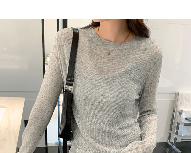 Long Sleeve Crew Neck Plain Sheer Knit Top