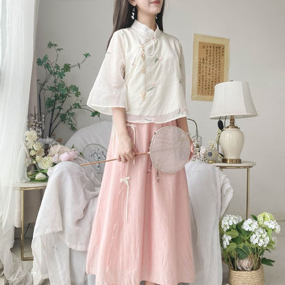 Set: Elbow-Sleeve Flower Embroidered Blouse + High Waist Plain Maxi A-Line Skirt