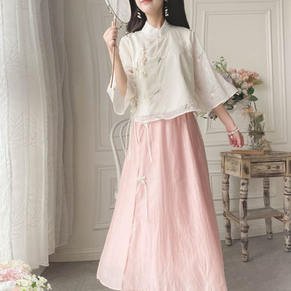 Set: Elbow-Sleeve Flower Embroidered Blouse + High Waist Plain Maxi A-Line Skirt