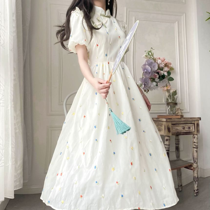 Puff-Sleeve Mock Neck Flower Embroidered Ruffle Midi A-Line Dress