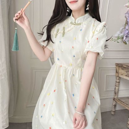 Puff-Sleeve Mock Neck Flower Embroidered Ruffle Midi A-Line Dress