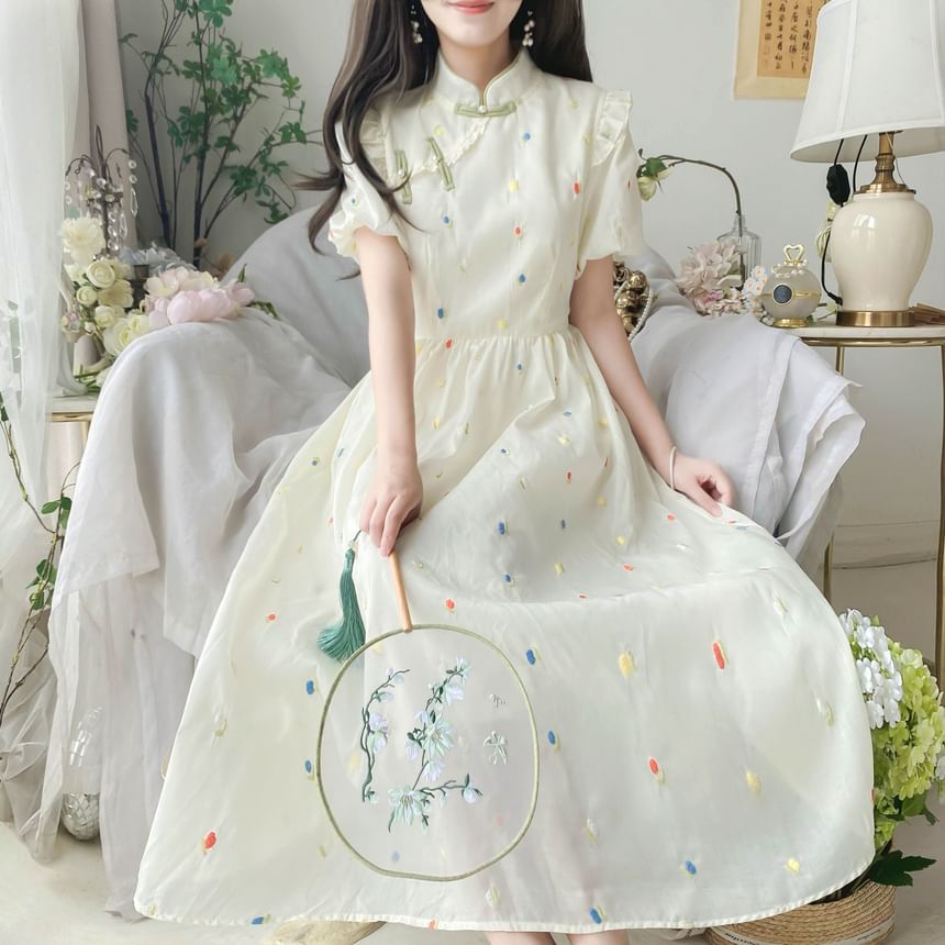 Puff-Sleeve Mock Neck Flower Embroidered Ruffle Midi A-Line Dress