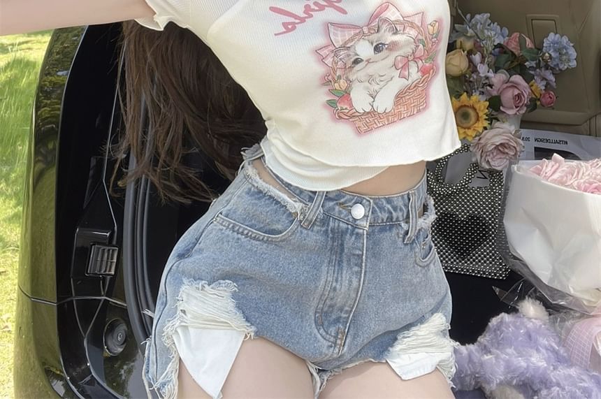 Cartoon Square Tee Short-Sleeve Print Lettering Neck