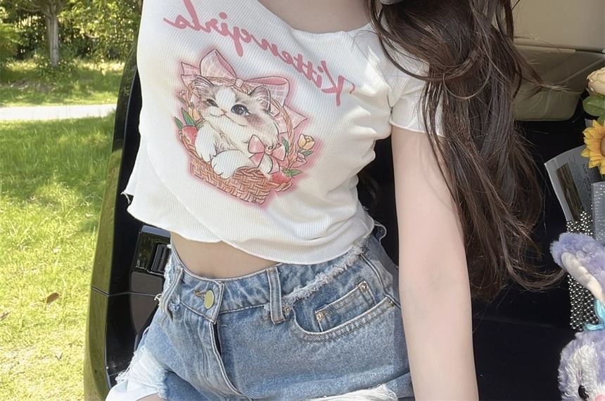 Cartoon Square Tee Short-Sleeve Print Lettering Neck