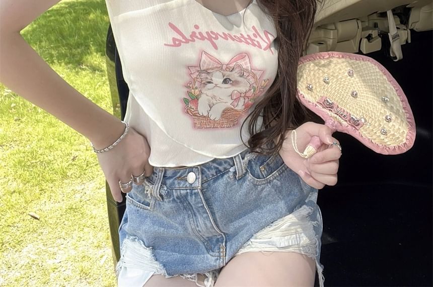 Cartoon Square Tee Short-Sleeve Print Lettering Neck