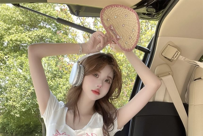 Cartoon Square Tee Short-Sleeve Print Lettering Neck