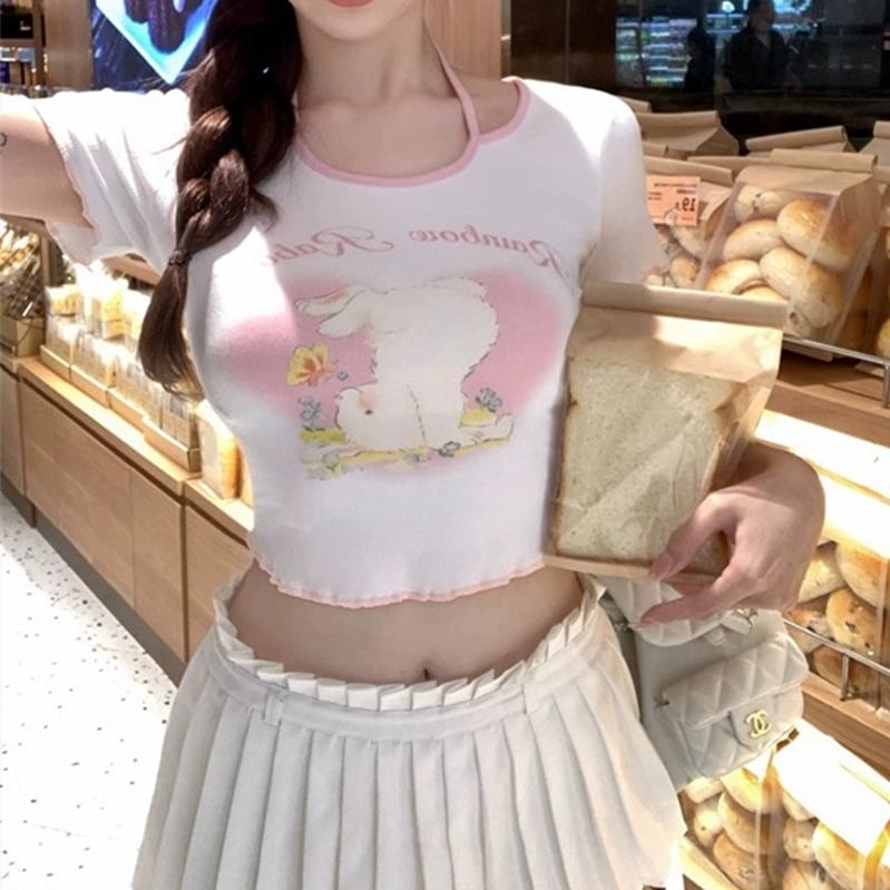 Halter Lettering Print Short-Sleeve T-Shirt Cartoon