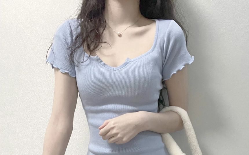 Edge Lettuce Mini Notch Neck Dress Short-Sleeve Sheath Plain