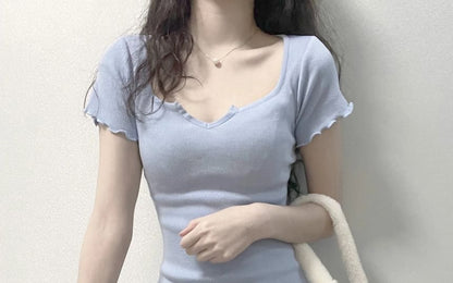 Edge Lettuce Mini Notch Neck Dress Short-Sleeve Sheath Plain