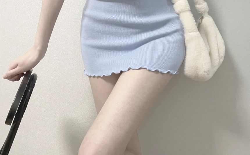 Edge Lettuce Mini Notch Neck Dress Short-Sleeve Sheath Plain