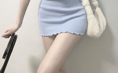 Edge Lettuce Mini Notch Neck Dress Short-Sleeve Sheath Plain