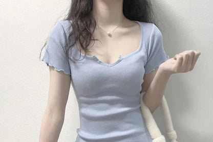 Edge Lettuce Mini Notch Neck Dress Short-Sleeve Sheath Plain