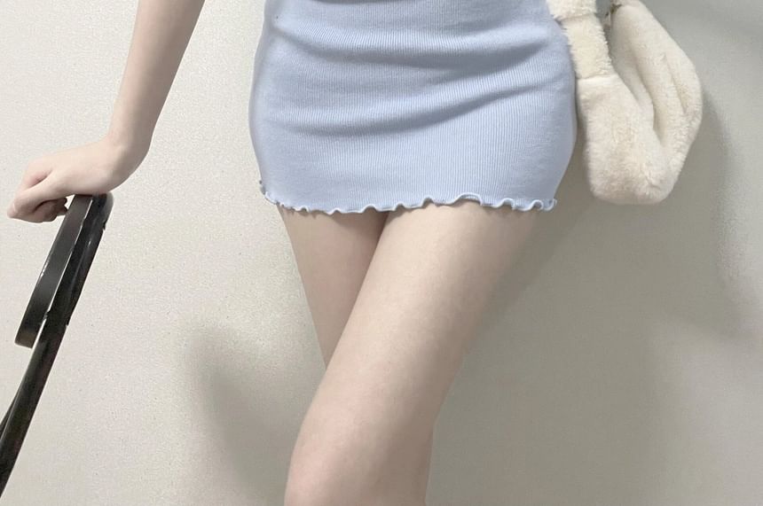 Edge Lettuce Mini Notch Neck Dress Short-Sleeve Sheath Plain