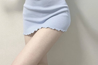 Edge Lettuce Mini Notch Neck Dress Short-Sleeve Sheath Plain