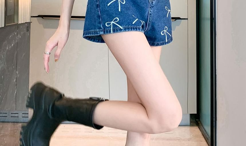 Bowknot Print High Waist Straight Cutting Denim Shorts Egirldoll