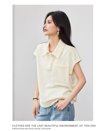 Short Sleeve Solid Color Pocket Loose Polo Shirt Egirldoll