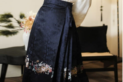 Long-Sleeve Plain Hanfu Top / High Waist Floral Maxi Ma Mian Skirt / Set