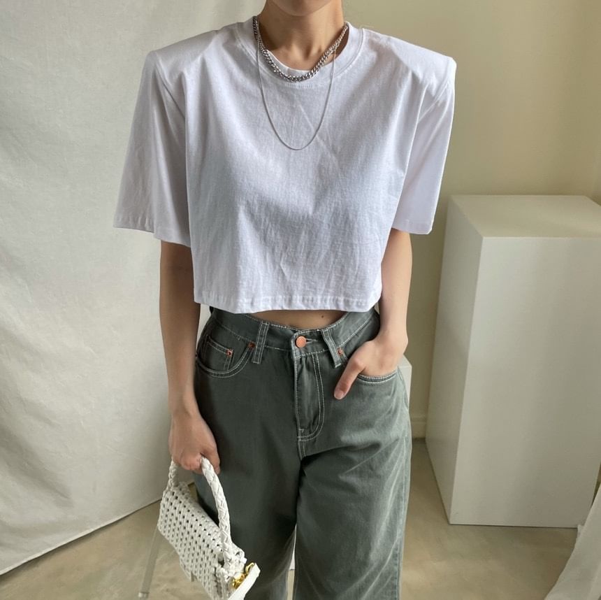 Short-Sleeve Crewneck Plain Crop T-Shirt