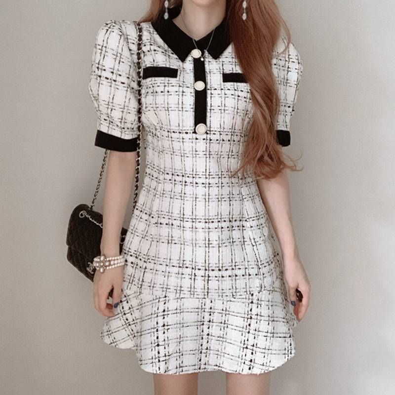 Short-Sleeve Collared Tweed Mini A-Line Dress