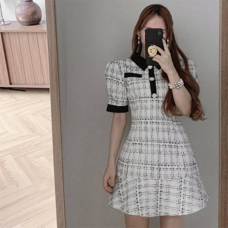 Short-Sleeve Collared Tweed Mini A-Line Dress