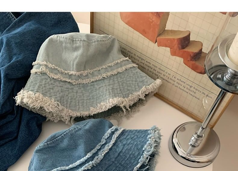 Hat Denim Distressed Bucket Fringed