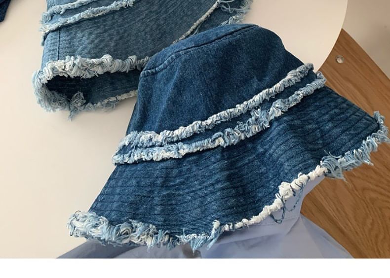 Hat Denim Distressed Bucket Fringed