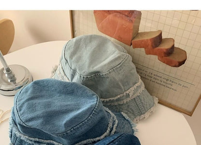 Hat Denim Distressed Bucket Fringed