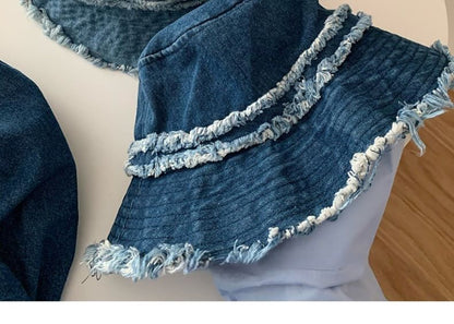 Hat Denim Distressed Bucket Fringed