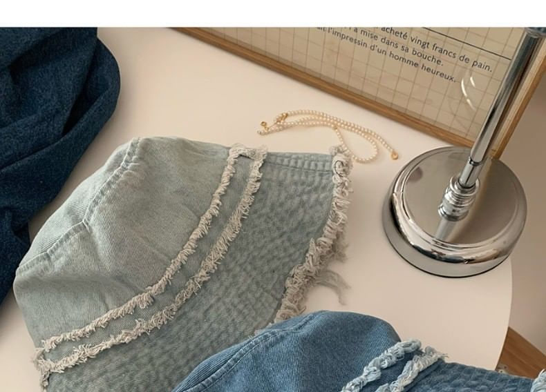 Hat Denim Distressed Bucket Fringed