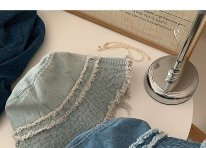 Hat Denim Distressed Bucket Fringed