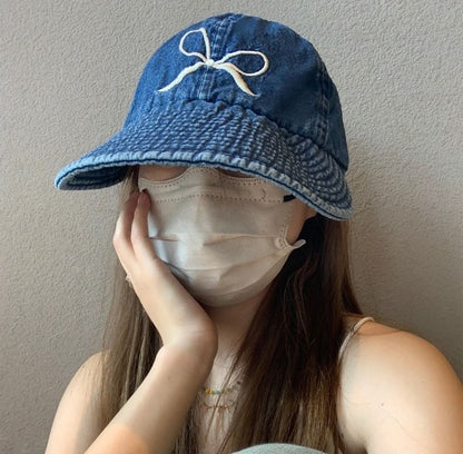 Bow Baseball Embroidered Denim Cap