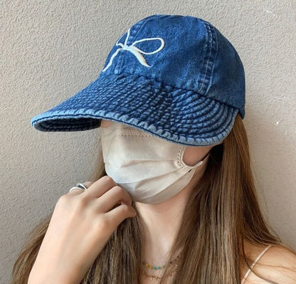 Bow Baseball Embroidered Denim Cap