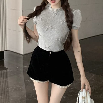 / Crew Shorts Neck Sleeve Velvet Plain High Short Waist Frill Bow Top Panel