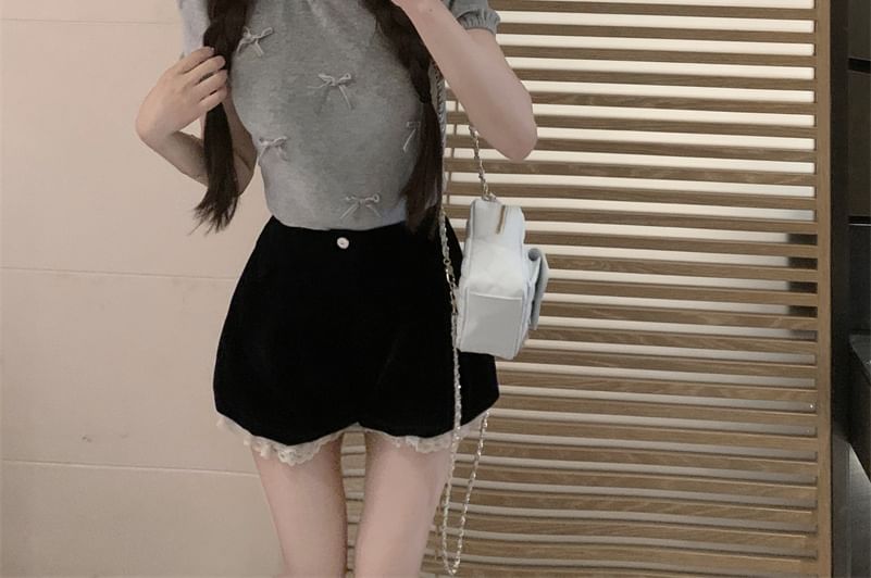 / Crew Shorts Neck Sleeve Velvet Plain High Short Waist Frill Bow Top Panel