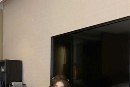 / Crew Shorts Neck Sleeve Velvet Plain High Short Waist Frill Bow Top Panel