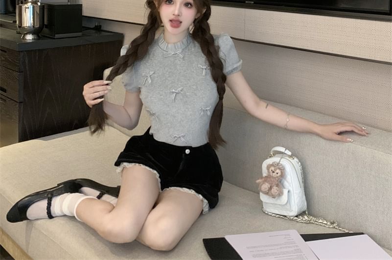 / Crew Shorts Neck Sleeve Velvet Plain High Short Waist Frill Bow Top Panel