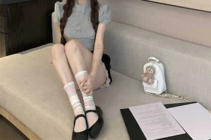 / Crew Shorts Neck Sleeve Velvet Plain High Short Waist Frill Bow Top Panel