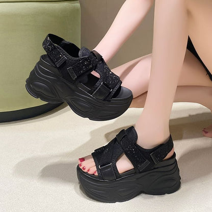 Platform Adhesive Mesh Rhinestone Strap Sandals Slingback